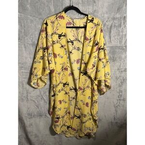 Adora Yellow Floral Bird Kimono Duster Lightweight Open Front Cardigan women's M